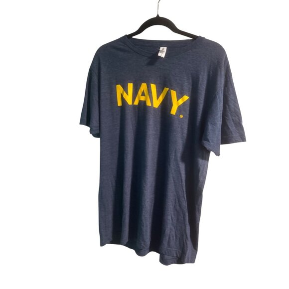 Tultex Navy Blue T-Shirt With Yellow "NAVY" Print & American Flag Sleeve Graphic - Picture 7 of 7